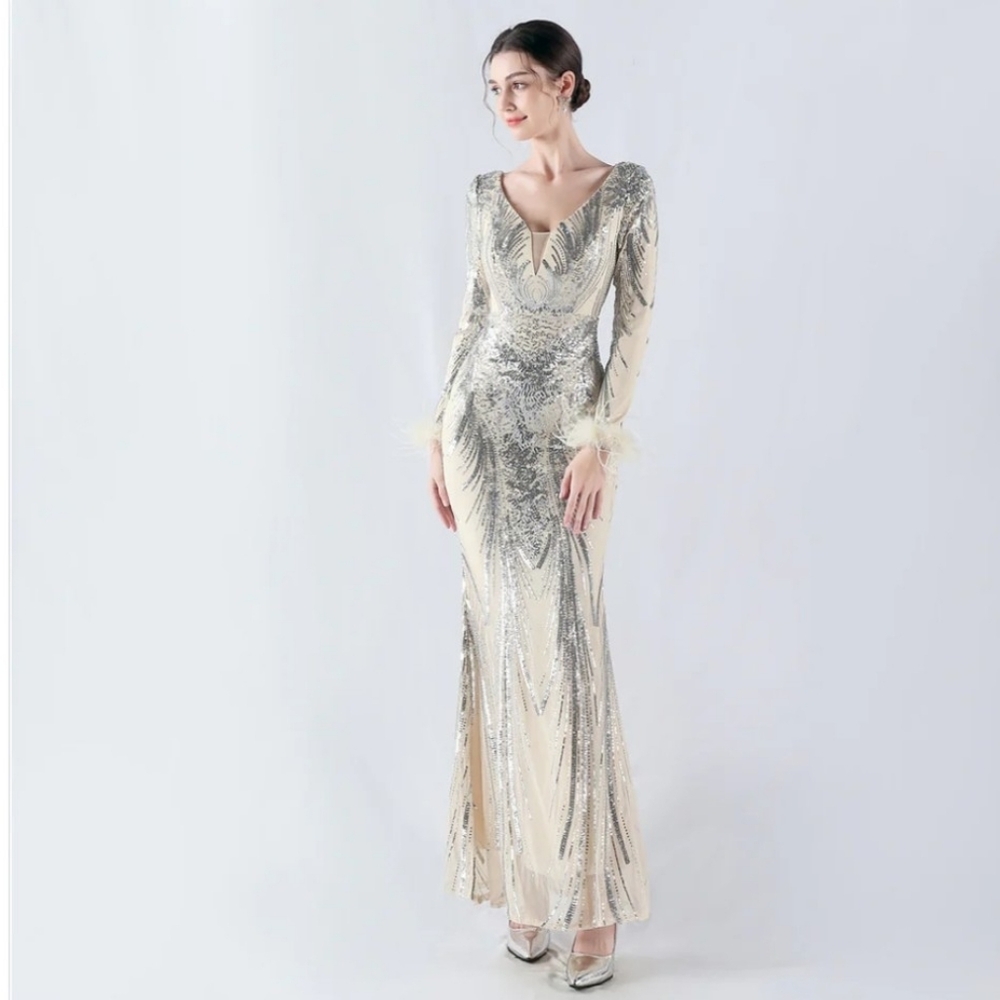 Sequin Silver & Cream Long-Sleeve Evening Gown With Ostrich Feathers - Picture 4 of 16